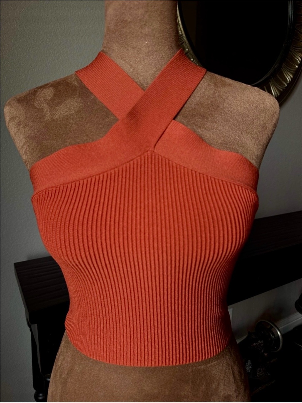 Babaton Aritzia Parish Sculpt Rust Crossed-Strap Ribbed Knit Crop Top Medium